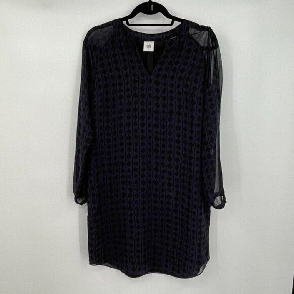 CAbi Dress XS Womens Harlequin Shift Dress Blue Tunic Casual Party Blue Sheer